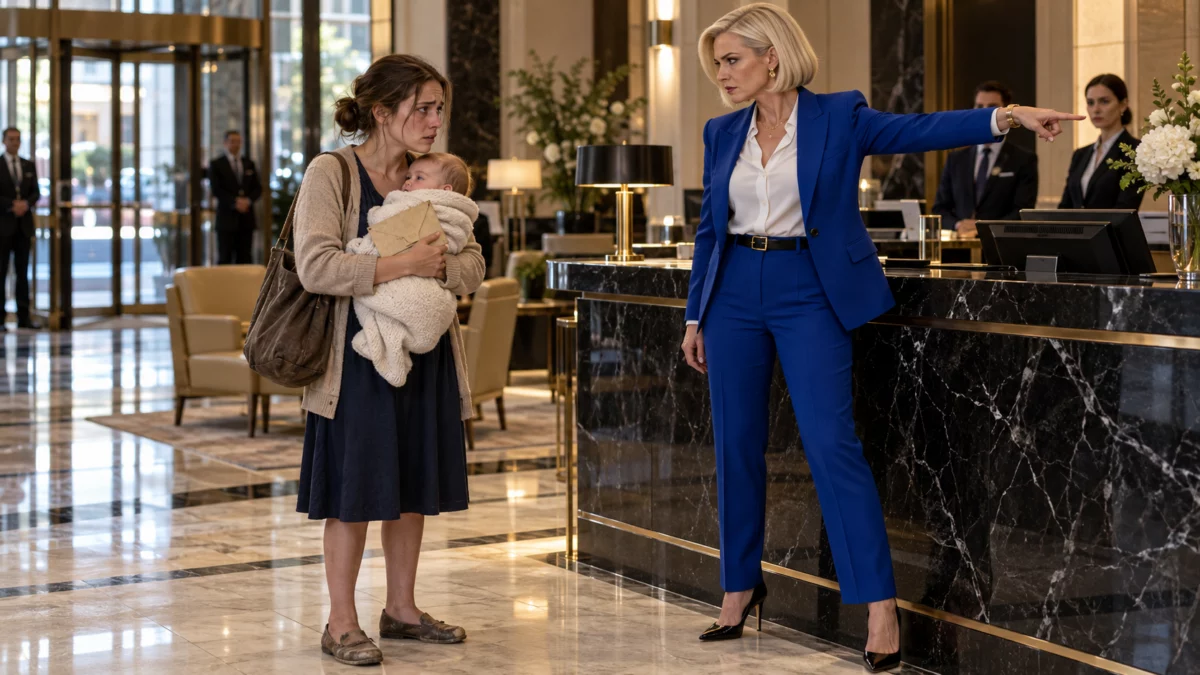 ELLE CHASSE UNE JEUNE MÈRE ET SON BÉBÉ D’UNE BANQUE — MAIS QUAND LE MILLIARDAIRE DÉCOUVRE QUI ELLE EST, IL FOND EN LARMES !