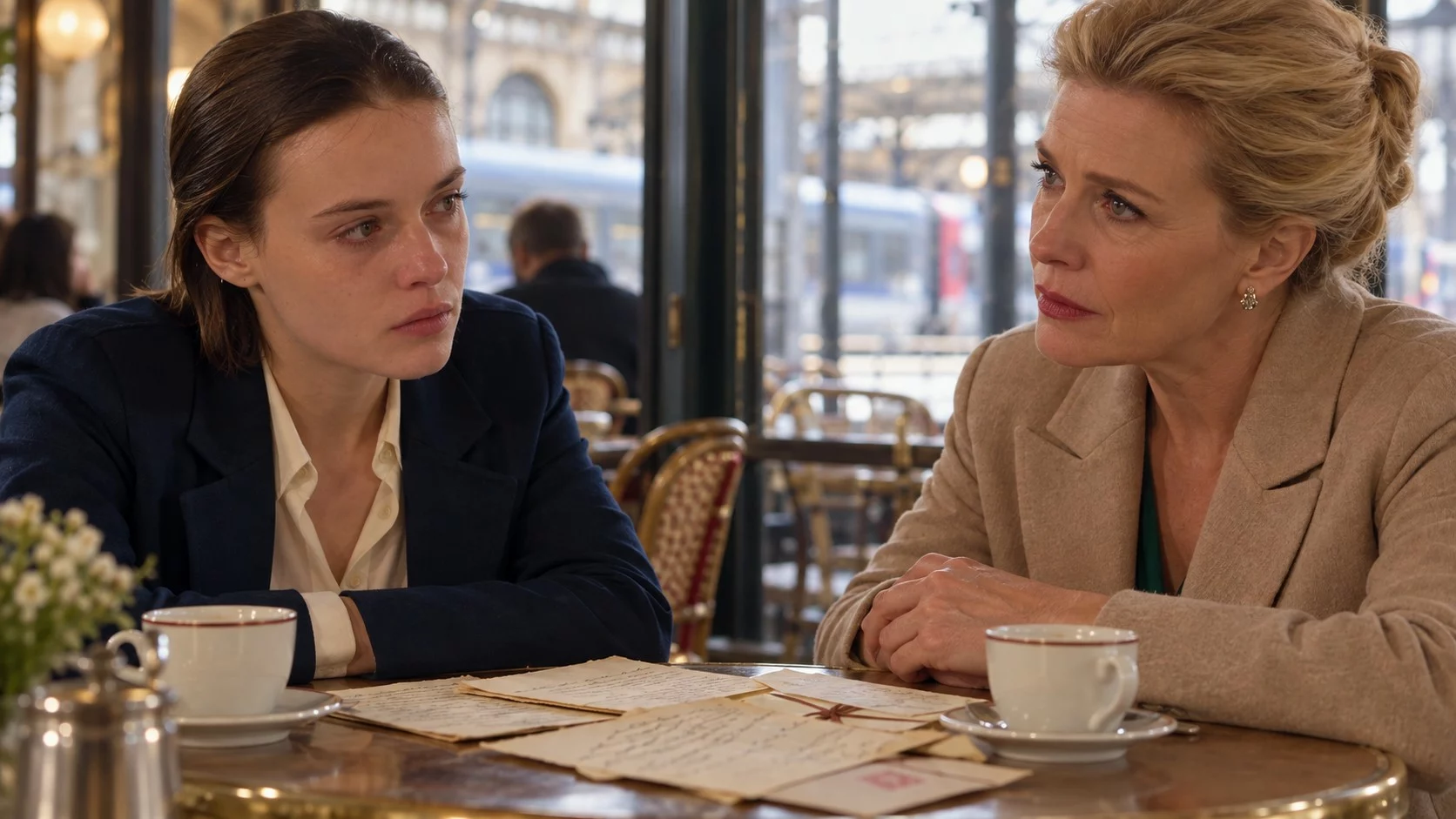 Léa et Claire examinent les lettres du passé au café.